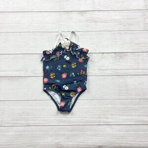 Janie and Jack Toddler Girl One Piece Swimsuit Navy Floral Ruffle Halter 2T